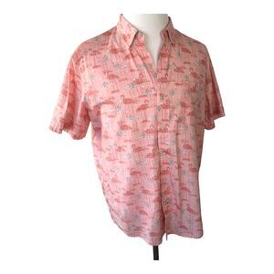 IZOD Saltwater Mens Pink Flamingos, Beachy Relaxed Short Sleeve Button Down Sz L